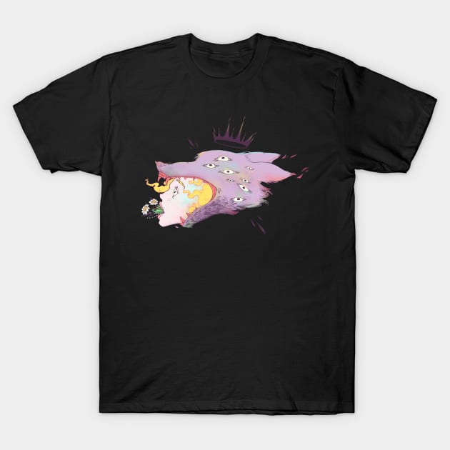 Strange King Wolf With Girl, Flowers, And Crown T-Shirt by cellsdividing